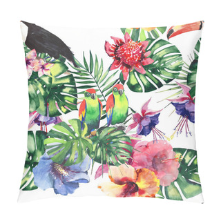 Personality  Beautiful Bright Lovely Colorful Tropical Hawaii Floral Herbal Summer Pattern Of Tropical Flowers Hibiscus, Palms Leaves, Lovely Colorful Tropical Birds And Toucans On A Branch Watercolor Hand Sketch Pillow Covers