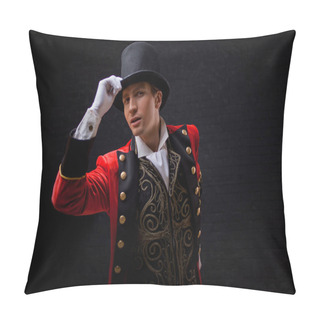 Personality  Showman. Young Male Entertainer, Presenter Or Actor On Stage. The Guy In The Red Camisole And The Cylinder. Pillow Covers