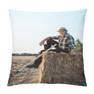 Personality  Cheerful Bearded Farmer In Straw Hat Sitting On Bale Of Hay Pillow Covers