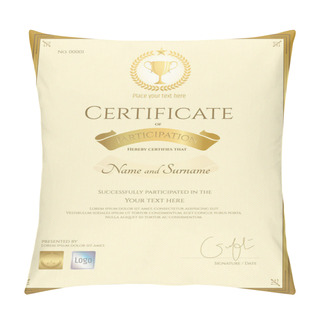 Personality  Portrait Certificate Of Participation In Gold Theme With Award Trophy Seal  Pillow Covers