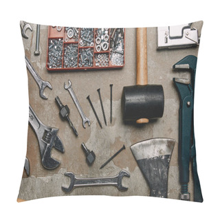 Personality  Flat Lay With Set Of Carpentry Tools On Old Background Pillow Covers