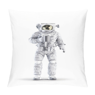 Personality  Astronaut With Coffee / 3D Illustration Of Space Suit Wearing Male Figure Holding Cup Of Coffee Isolated On White Studio Background Pillow Covers