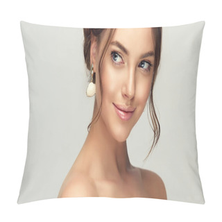 Personality  Beautiful Woman With Clean Skin On Her Face. Girl Model With Braided Braid Around Her Head. Hairstyle In The Trend. Beauty, Cosmetics And Cosmetology. Fashion Earrings As Accessories Pillow Covers