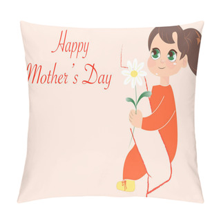 Personality  Illustration Of Smiling Girl Holding Flowers Near Happy Mothers Day Lettering On Pink Pillow Covers