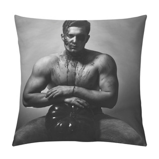 Personality  Man With Serious Face And Naked Torso On Green Background. Pillow Covers