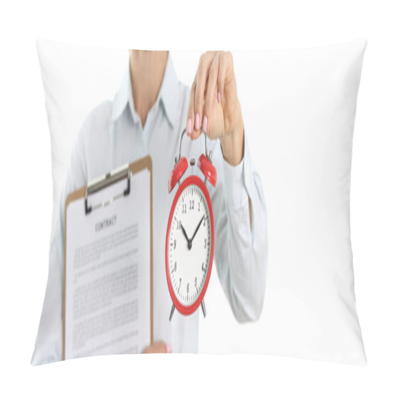 Personality  Businesswoman holds a contract and alarm clock for ten in morning pillow covers