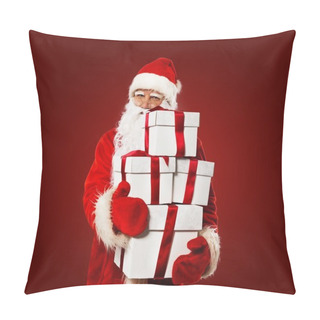 Personality  Santa Claus With Gift Boxes Isolated On Red Background Pillow Covers