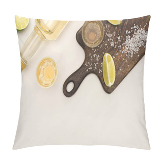 Personality  Top View Of Golden Tequila With Lime, Salt On Wooden Cutting Board On White Marble Surface Pillow Covers