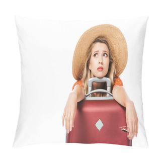 Personality  Exhausted Beautiful Leaning On Travel Bag And Looking Up Isolated On White Pillow Covers