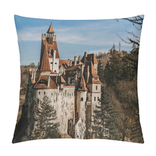 Personality  Bran Castle Or Count Dracula Castle Atop Of Rock In Transylvanian Alps. Famous Medieval Fortress In Romania, Popular Travel Destination And Touristic Landmark. Vampire Castle View From Viewpoint. Pillow Covers