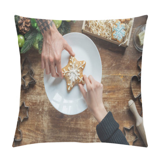 Personality  Partial View Of Man And Woman Holding Homemade Cookie On Wooden Tabletop With Decorative Christmas Wreath Pillow Covers