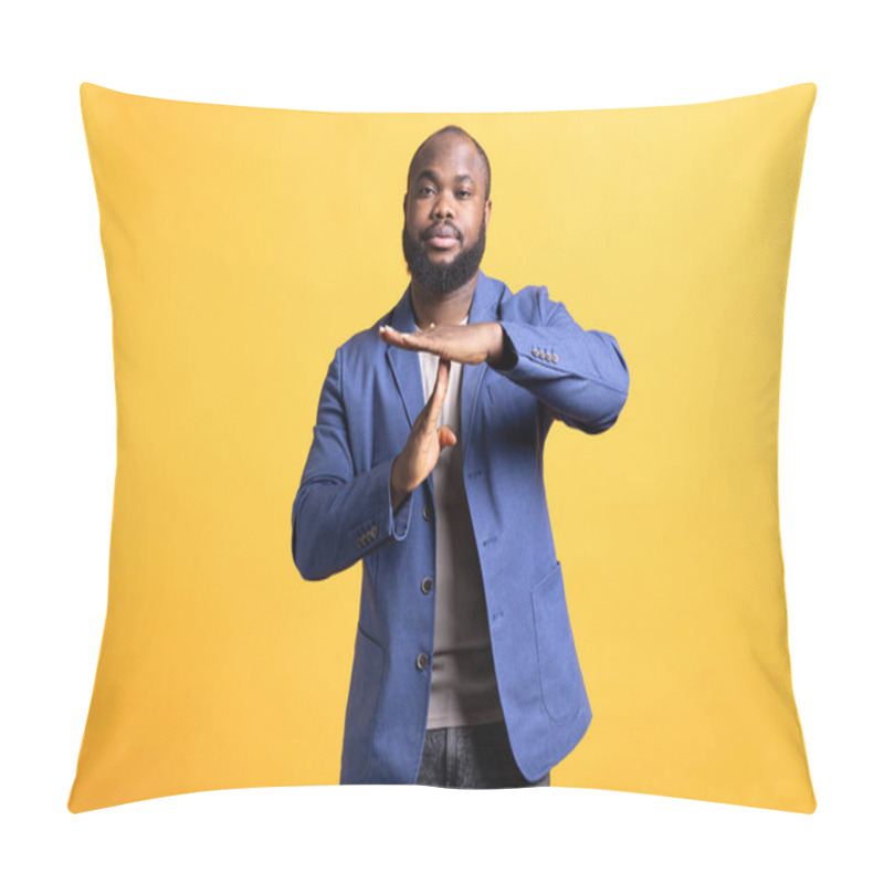 Personality  Portrait Of Assertive Man Asking For Timeout, Doing Hand Gestures, Feeling Fatigued. Unhappy Person Doing Vehement Pause Sign Gesturing, Wishing For Break, Studio Background Pillow Covers