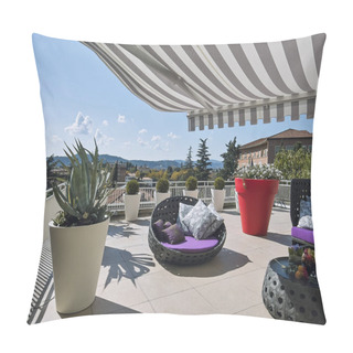 Personality  Exteriors Shots Of A Modern Terrace With Awnings And Sofas  And Armchairs Made Of Wicker In The Foreground The Big Vase With A Agave Plant Pillow Covers