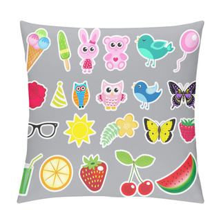 Personality  Big Set Of Cute Colorful Stickers. Stikerpak Fruits, Animals, Flowers. Sticker Vector Illustration Pillow Covers