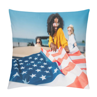 Personality  Multiethnic Women In Car With American Flag Pillow Covers