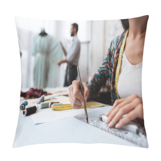 Personality  Female Designer Making Sketch While Man Working On Mannequin In Tailor Shop  Pillow Covers