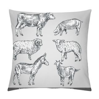 Personality  Set Of Domestic Animals Cow, Sheep, Pig, Goat, Donkey. Vector Illustration Pillow Covers