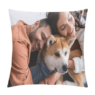 Personality  Happy Young Couple Hugging Akita Inu Dog At Home Pillow Covers