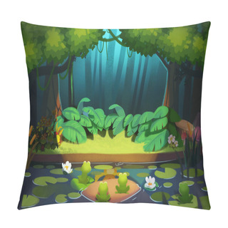 Personality  Spotlight Is Brightened In The Forest. Realistic Fantastic Cartoon Style Scene, Wallpaper, Background Design. Illustration Pillow Covers