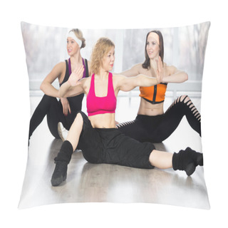 Personality  Group Of Three Females Doing Dynamic Fitness Exercises In Class Pillow Covers