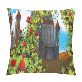 Personality  Cartoon Scene Of Rose Garden Near Castle In The Background Illustration For Children Pillow Covers