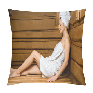 Personality  Side View Of Smiling Young Woman In Towels Relaxing In Steam-room Pillow Covers