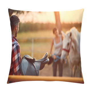 Personality  Guy In Colored Shirt Holding A Horse Saddle Pillow Covers