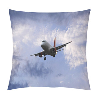Personality  Airplane Flying Under Beautiful Evening Clouds, Front View. Concept Of Modern Travel. Plane With The Chassis Before The Landing At The Airport. Pillow Covers