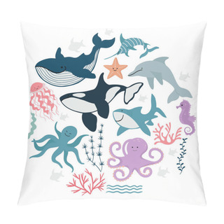 Personality  Collection Of Cute Sea Animals, Fish And Algae. Vector Illustration In Simple Hand-drawn Style Pillow Covers