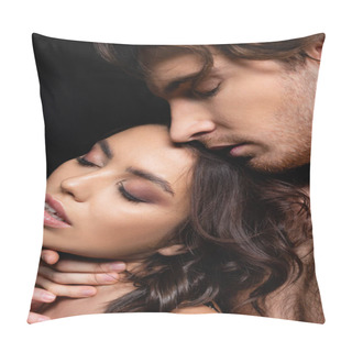Personality  Passionate Man Touching Neck Of Seductive Woman Isolated On Black Pillow Covers