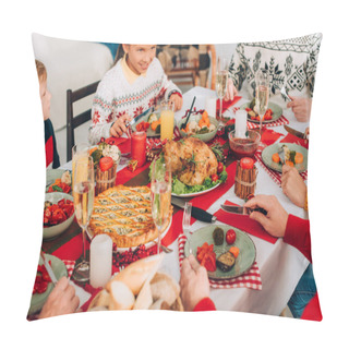 Personality  Selective Focus Of Festive Table With Thanksgiving Dinner And Family At Home Pillow Covers