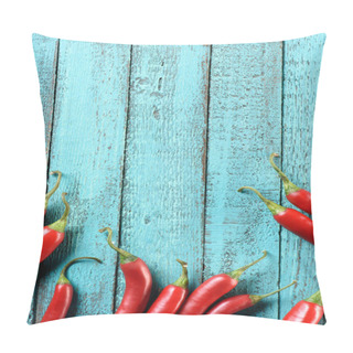 Personality  Elevated View Of Red Ripe Chili Peppers On Blue Wooden Table Pillow Covers