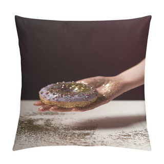 Personality  Cropped View Of Woman Holding Doughnut With Golden Sparkles In Hand Isolated On Black Pillow Covers