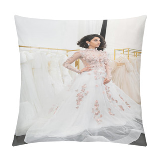 Personality  Brunette And Middle Eastern Woman With Wavy Hair Trying On Gorgeous And Floral Wedding Dress With Train Inside Of Luxurious Bridal Salon, Shopping, Bride-to-be,  Blurred White Gown, Hand On Hip Pillow Covers