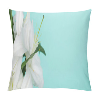 Personality  White Lilies With Green Leaves Isolated On Turquoise, Panoramic Shot Pillow Covers