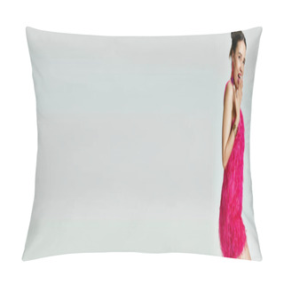 Personality  Bright Young Lady In Chic Pink Dress Smiles With Excitement With Her Hand Covering Lips, Banner Pillow Covers
