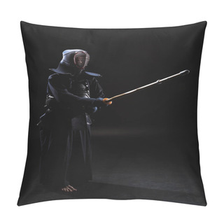 Personality  Full Length View Of Kendo Fighter In Armor Practicing With Bamboo Sword On Black Pillow Covers