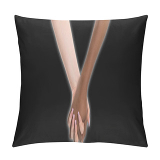 Personality  Two Hands In A Heartfelt Embrace And A Glow Shining Around Them. Handshake. Two Women Holding Hands. Two Hands Of Different Races In A Loving Embrace. African And European. Panoramic Frame. Pillow Covers