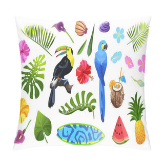 Personality  Exotic Summer Objects Vector Illustration Isolated On White Backgeound. Colorful Tropical Flowers, Leaves And Birds. Tucan  And Parrot, Monstera And Palm Leaf, Hibiscus And Plumeria Set. Pillow Covers