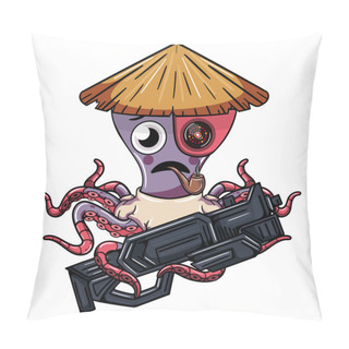 Personality  Cartoon Cyborg Octopus Character Wearing Chinese Hat, Holding A Shotgun And Smoking A Pipe. Illustration For Fantasy, Science Fiction And Adventure Comics Pillow Covers