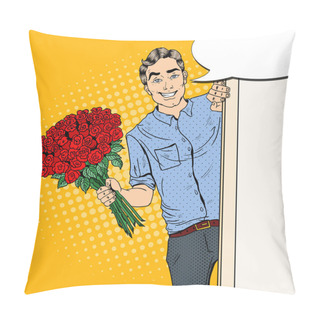 Personality  Pop Art Handsome Man With Flowers Bouquet Roses. Vector Illustration Pillow Covers