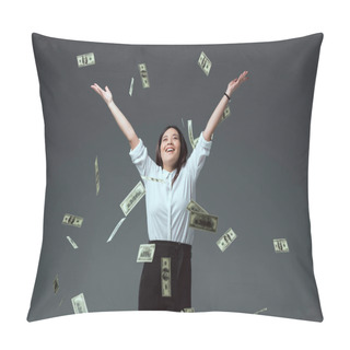 Personality  Happy Young Asian Woman Throwing Dollar Banknotes Isolated On Grey Pillow Covers