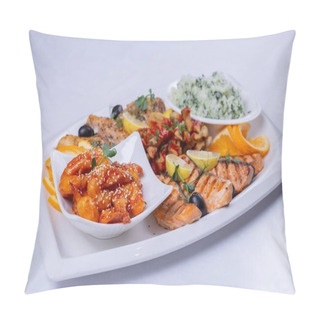 Personality  An Assortment Of Grilled Fish, Sweet And Sour Chicken, And Rice Pilaf Is Artfully Arranged On A White Platter. Pillow Covers
