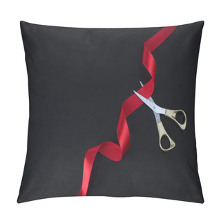 Personality  Grand Opening. Top View Of Gold Scissors Cutting Red Ribbon On Black Background. Pillow Covers