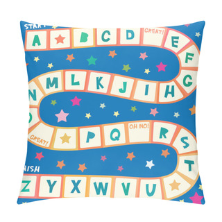 Personality  Funny Cartoon English Alphabet Game For Preschool Children, White Orange Squares On Blue Background. Vector Illustration Pillow Covers