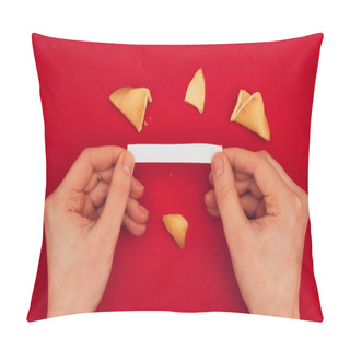 Personality  Cropped Shot Of Woman Opening Traditional Fortune Cookie, Chinese New Year Concept Pillow Covers