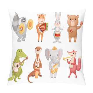 Personality  Creative Cute Animals Playing Music Instruments Set For Web Design. Cartoon Bundle Of Animals With Guitar, Sax, Drum Isolated Vector Illustration Collection. Creativity And Entertainment Concept Pillow Covers