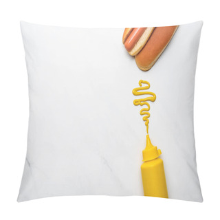 Personality  Top View Of Delicious Hot Dog With Mustard On White Marble Surface Pillow Covers