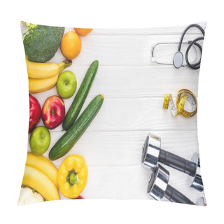 Personality  Top View Of Fresh Fruits And Vegetables, Dumbbells, Stethoscope And Measuring Tape On Wooden Tabletop Pillow Covers