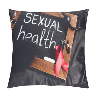 Personality  Chalkboard With Sexual Health Lettering And Sex Toys And Red Ribbon On Black Silk  Pillow Covers